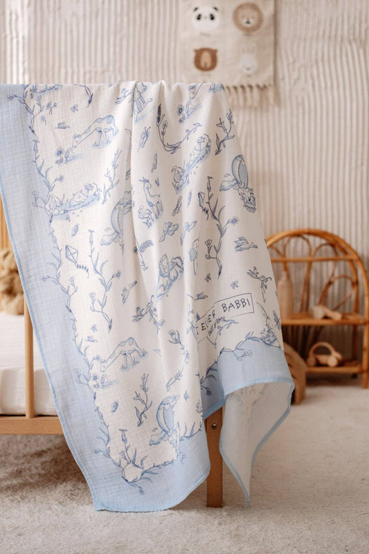 Muslin Swaddle, Blue Toile De Jouy