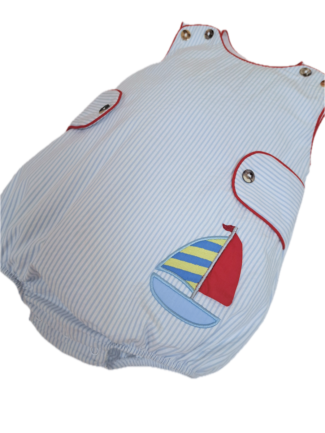 Boy's Sailboat Applique Blue Seersucker Bubble