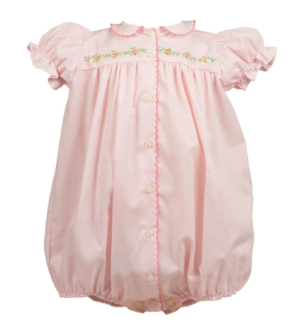 Pink baby romper with floral embroidery on a white background