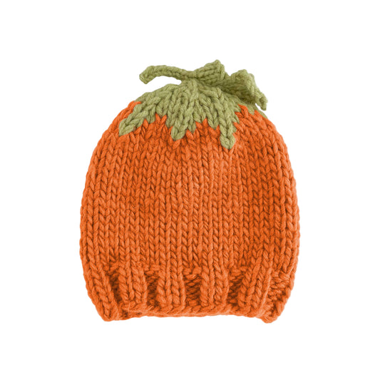 A hand-knitted orange pumpkin-shaped hat with green leaf detail on top, designed for babies.