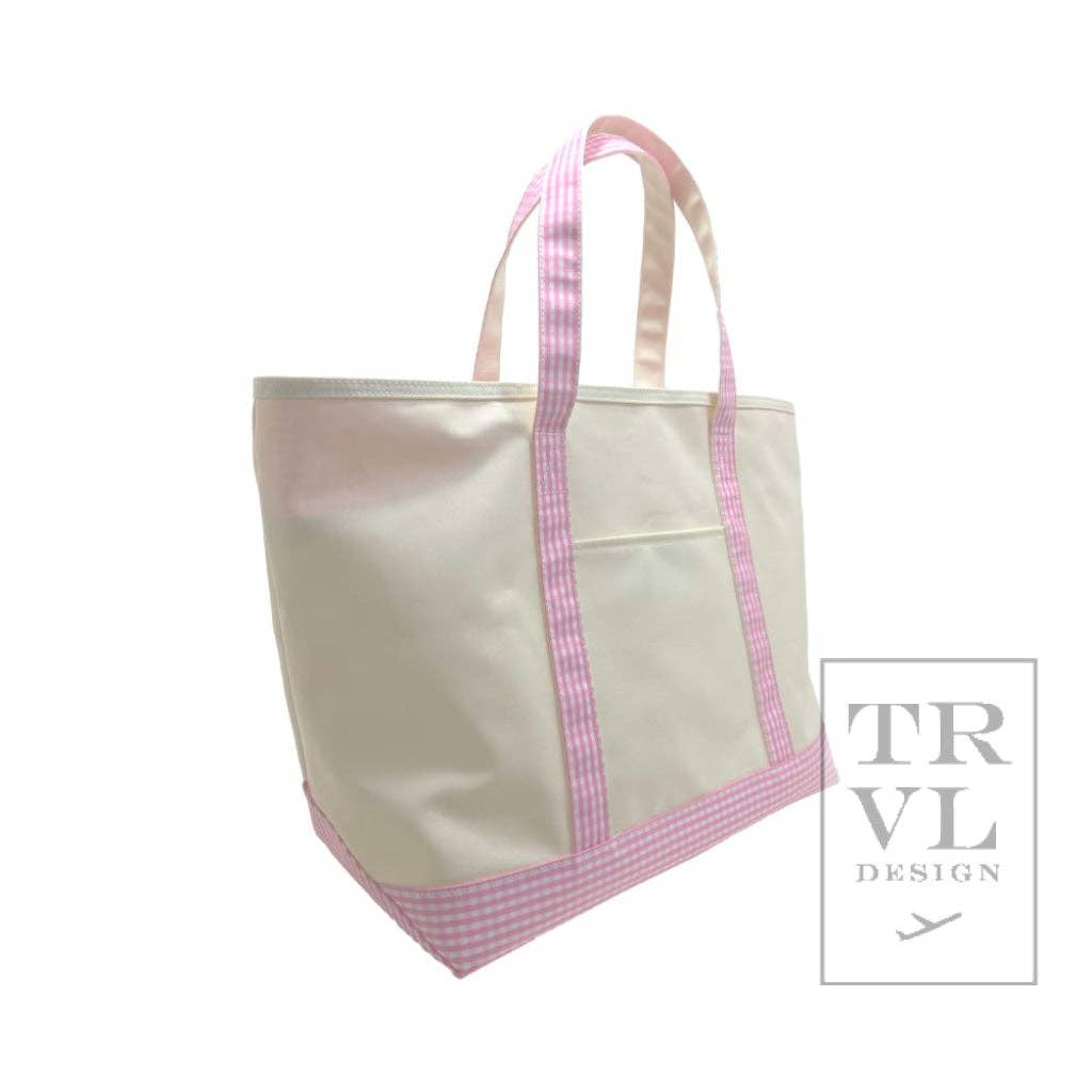 Maxi Tote, Coated Canvas Large Natural With Gingham Pink