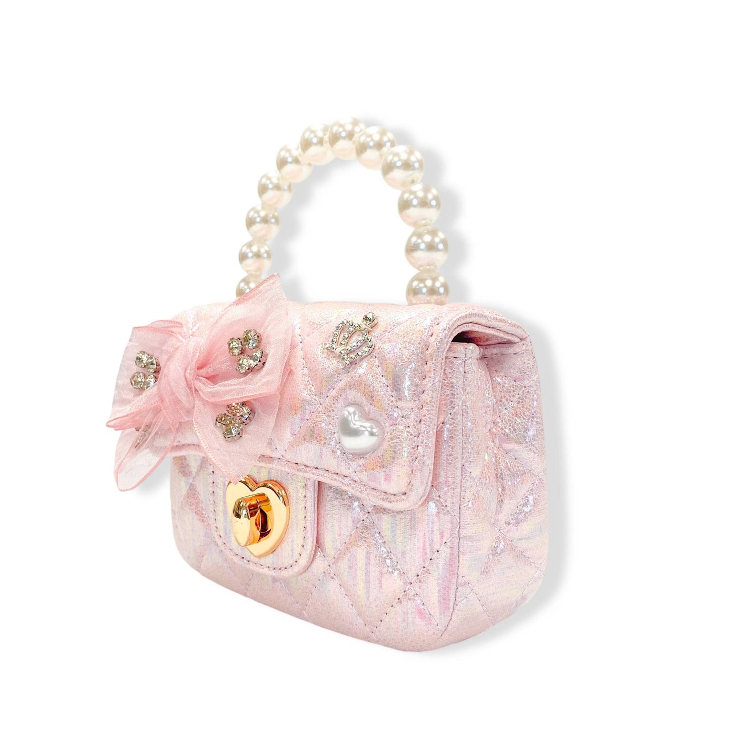 Embellished Bow Shiny Quilted Purse, Pink
