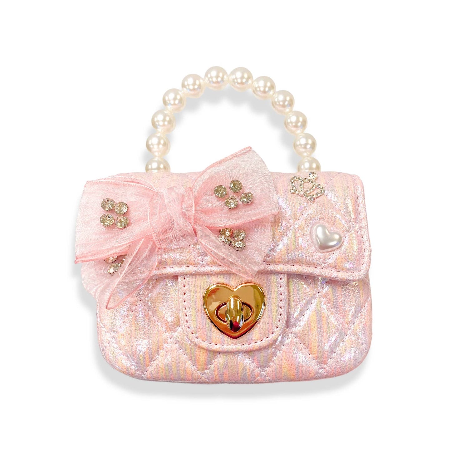 Embellished Bow Shiny Quilted Purse, Pink