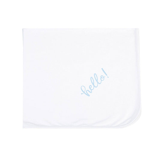 Hello! Receiving Blanket, White with Blue