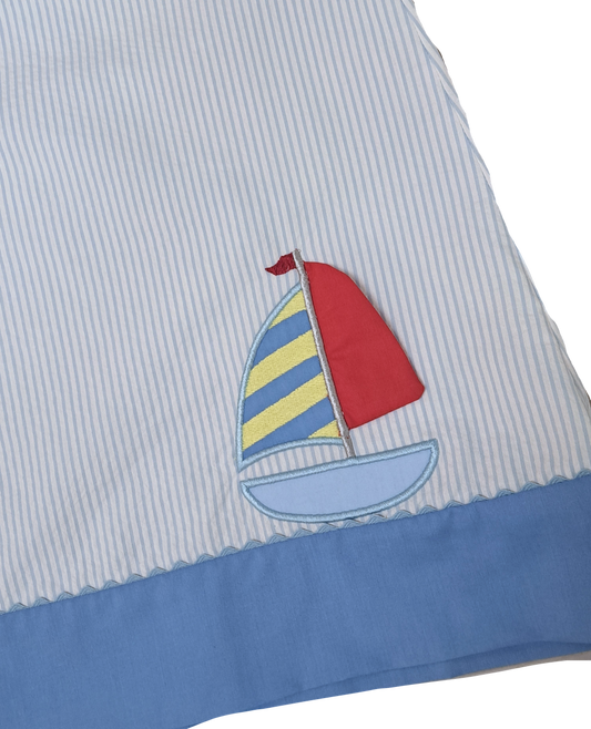 Girl's Sailboat Applique Blue Seersucker A-line Dress