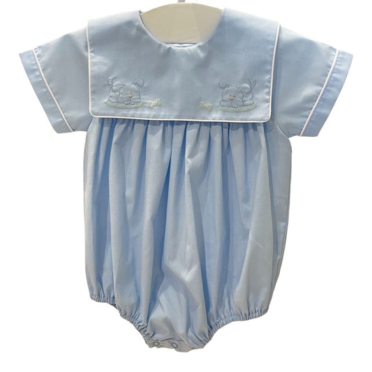 Short Sleeve Light Blue Square Collar Bubble with Puppy Embroidery