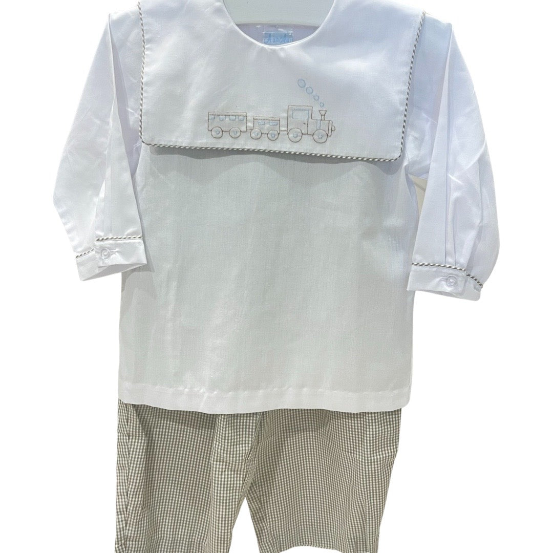 Boy's Long Sleeve Pant Set with Khaki GIngham Pants and Top with Train Embroidery