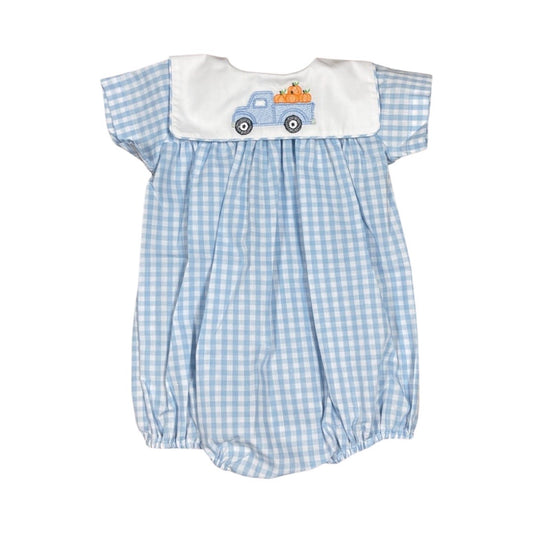 Boy's Smocked Pumpkin Blue Check Bubble