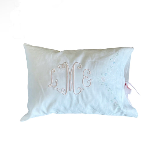 Linen Pillow With Pink Tie and Silk Embroidery