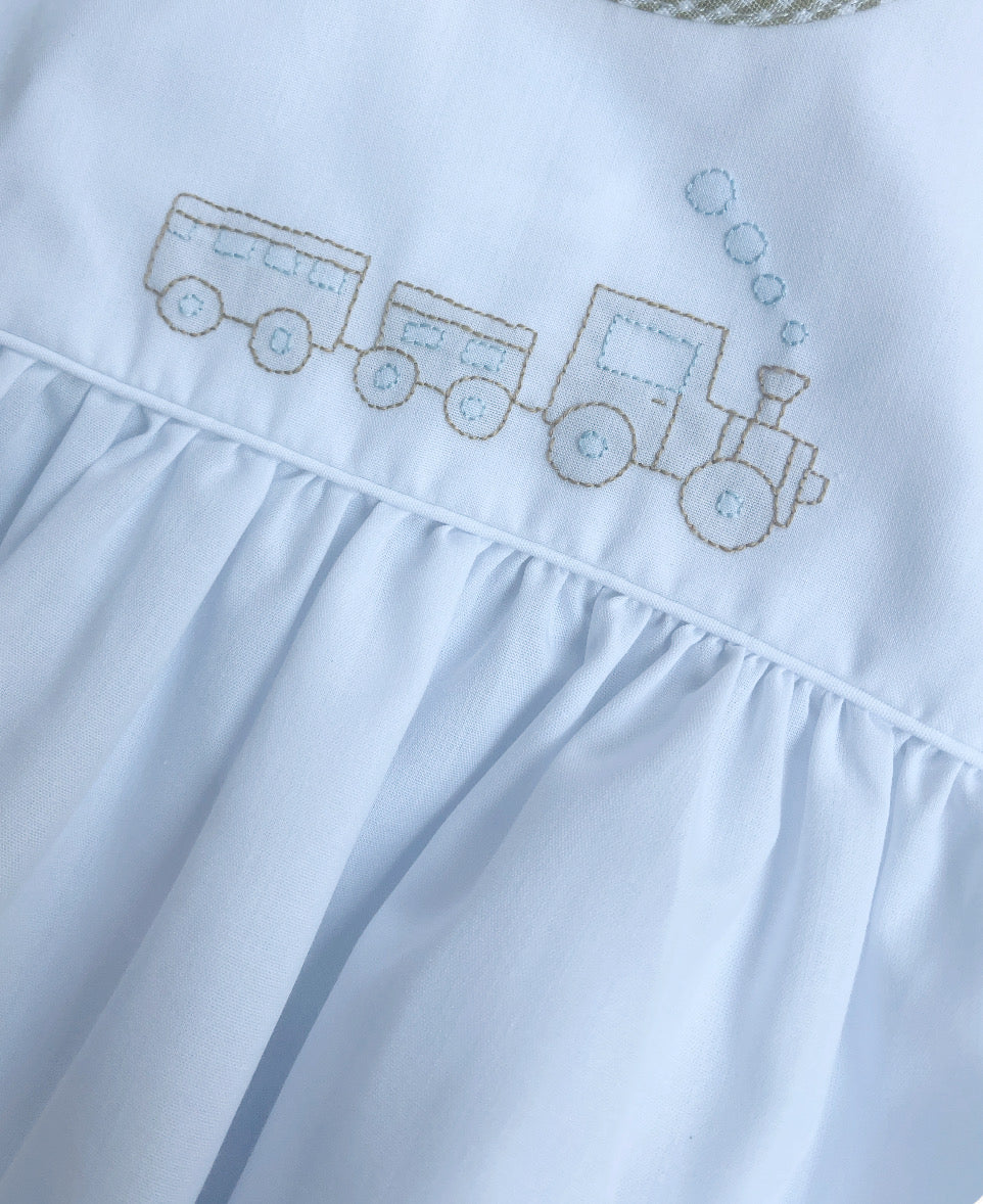 Short Sleeve Boy's Bubble with Khaki GIngham Trim & Train Embroidery