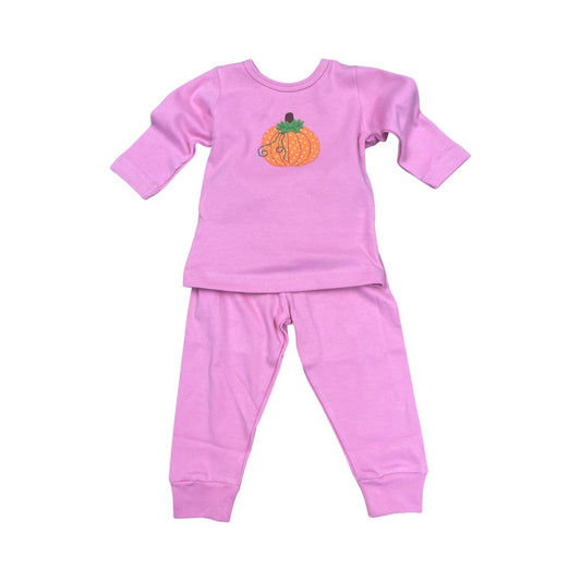 Girl's Pink Pant Set with Pumpkin Applique Long Sleeve Tee