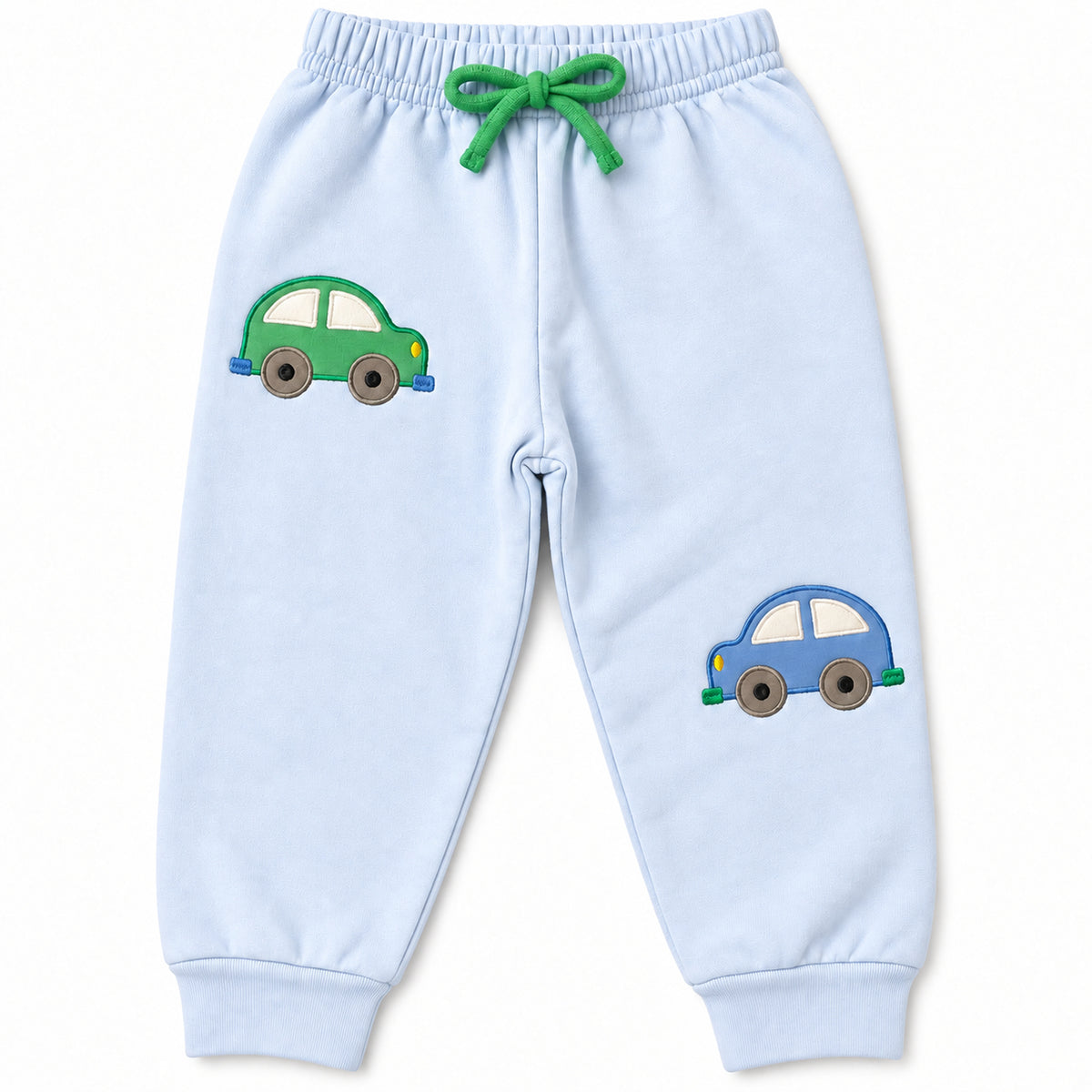 Light blue jogger with a green car appliqué on one thigh, a blue car appliqué on the opposite knee and a green drawstring bow, Beep Beep print
