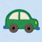 Close-up of the green car appliqué with cream windows, grey wheels, blue bumpers and a yellow headlight