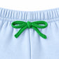 Close-up of the green drawstring tied in a bow at the elastic waistband