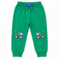 Green jogger with tow truck appliqués on both knees and a blue drawstring bow, Tow Truck print