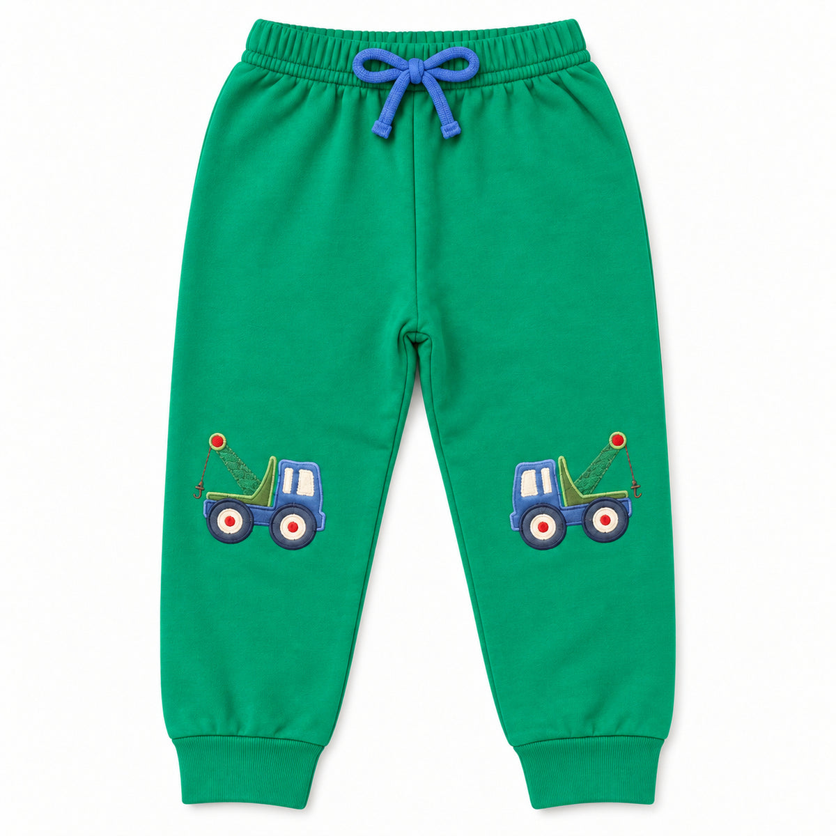 Green jogger with tow truck appliqués on both knees and a blue drawstring bow, Tow Truck print