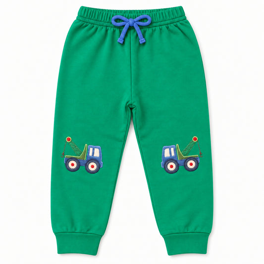 Green jogger with tow truck appliqués on both knees and a blue drawstring bow, Tow Truck print