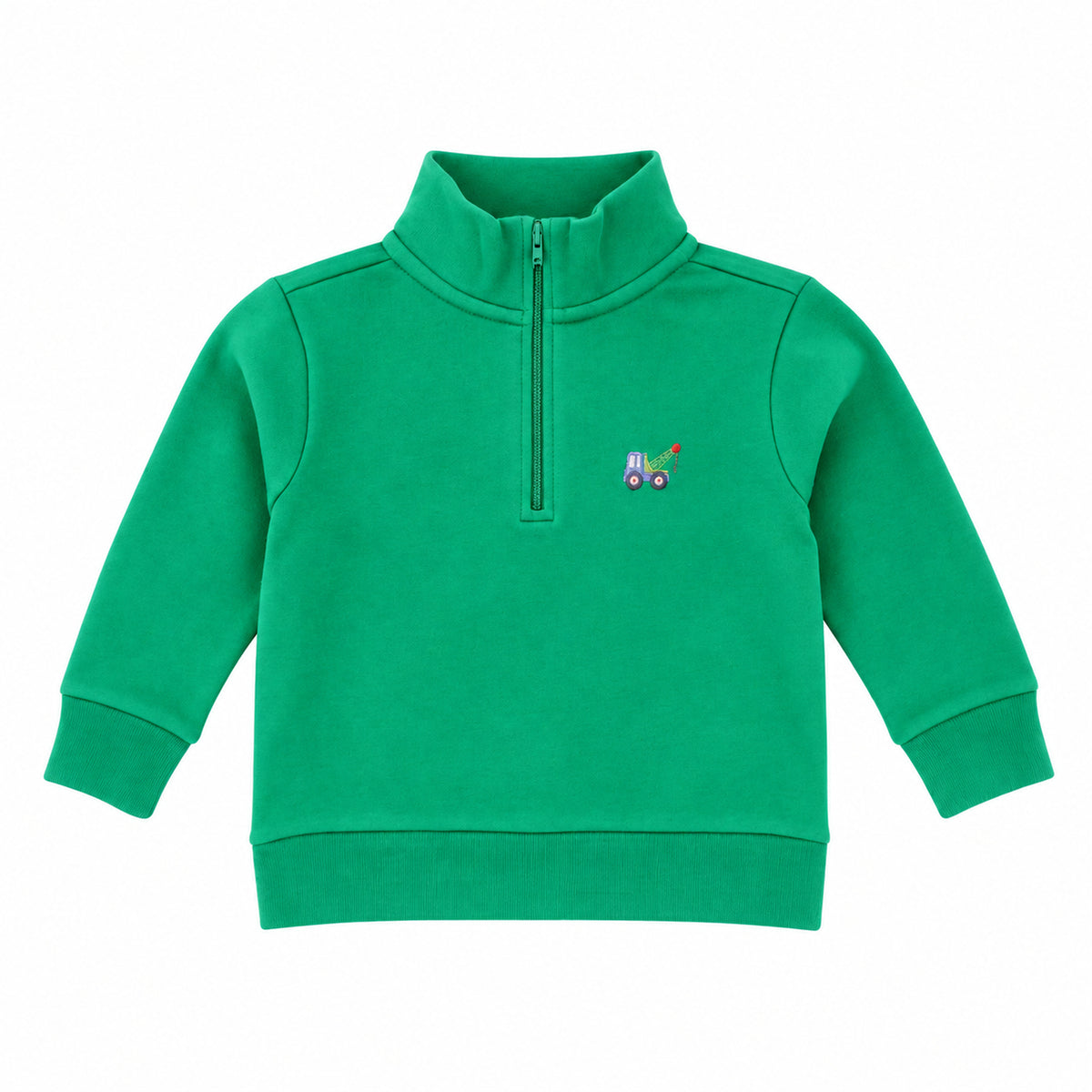 Green quarter zip pullover with a small tow truck appliqué on the chest, Tow Truck print