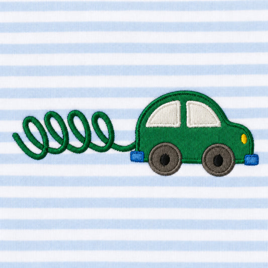 Close-up of the green car appliqué with cream windows, grey wheels, blue bumpers and a looping green exhaust trail on light blue stripes