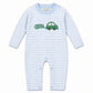 Light blue and white striped long sleeve romper with a green car appliqué and looping exhaust trail on the chest, Beep Beep print