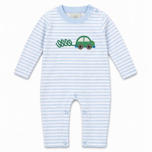 Light blue and white striped long sleeve romper with a green car appliqué and looping exhaust trail on the chest, Beep Beep print