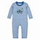 Blue and white striped long sleeve romper with a tow truck appliqué and green crane, Tow Truck print