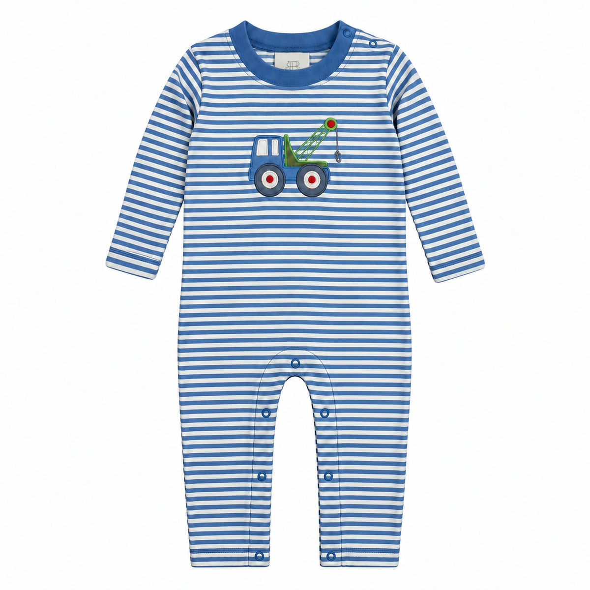 Blue and white striped long sleeve romper with a tow truck appliqué and green crane, Tow Truck print