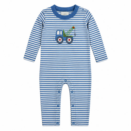 Long Sleeve Applique Striped Romper, Tow Truck