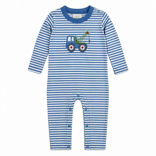Blue and white striped long sleeve romper with a tow truck appliqué and green crane, Tow Truck print
