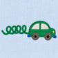 Close-up of the green car appliqué with stitched windows, grey wheels and looping green exhaust trail on light blue knit