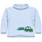 Light blue rollneck sweater with a green car appliqué and looping exhaust trail near the hem, Beep Beep print