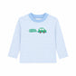 Light blue and white striped long sleeve t-shirt with a green car appliqué and looping exhaust trail on the chest, Beep Beep print