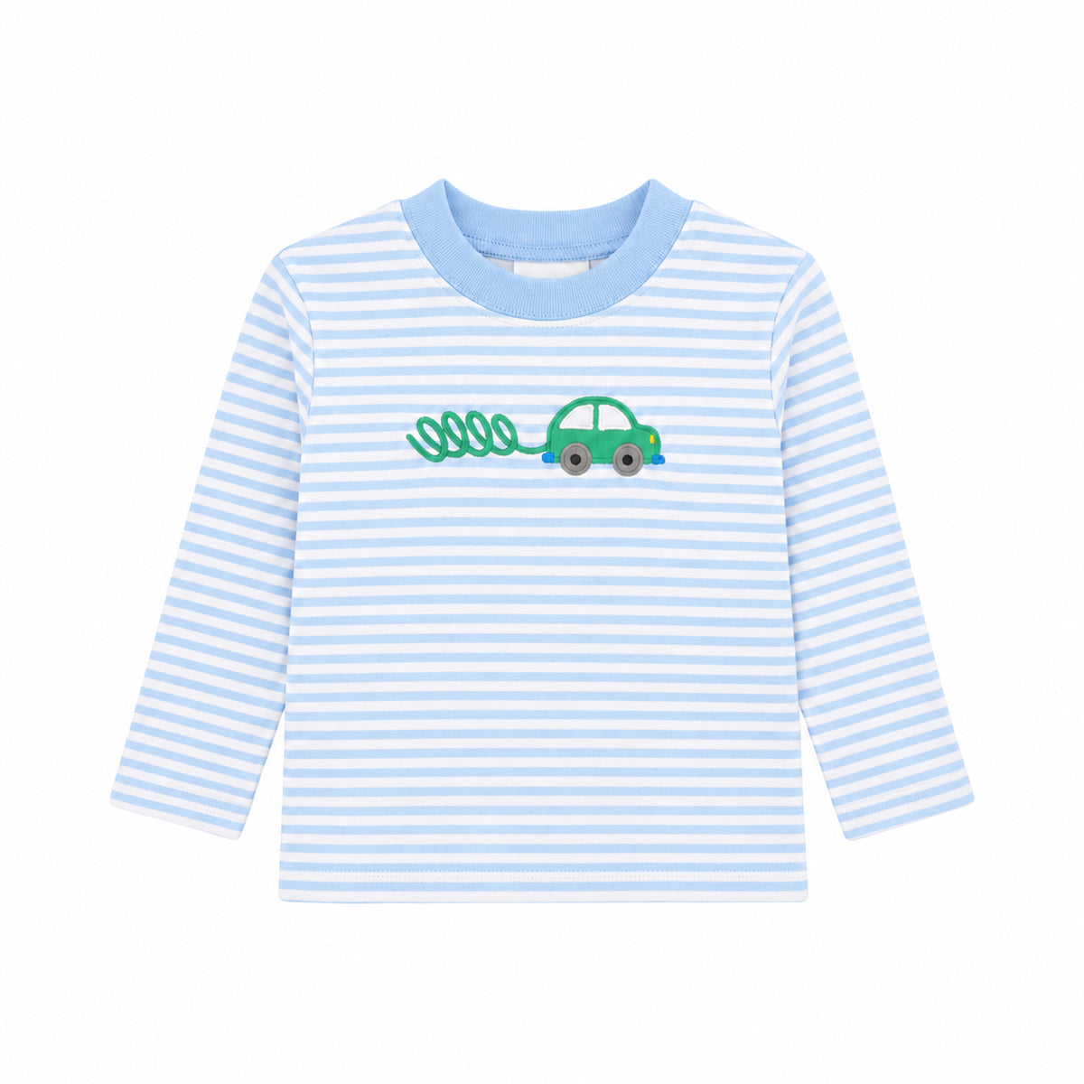 Light blue and white striped long sleeve t-shirt with a green car appliqué and looping exhaust trail on the chest, Beep Beep print