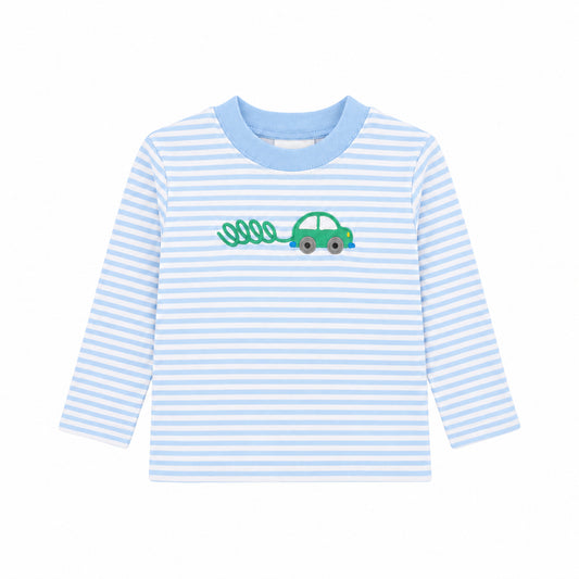 Light blue and white striped long sleeve t-shirt with a green car appliqué and looping exhaust trail on the chest, Beep Beep print