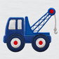Close-up of the stitched blue tow truck appliqué with crane arm, hook and red wheel hubs