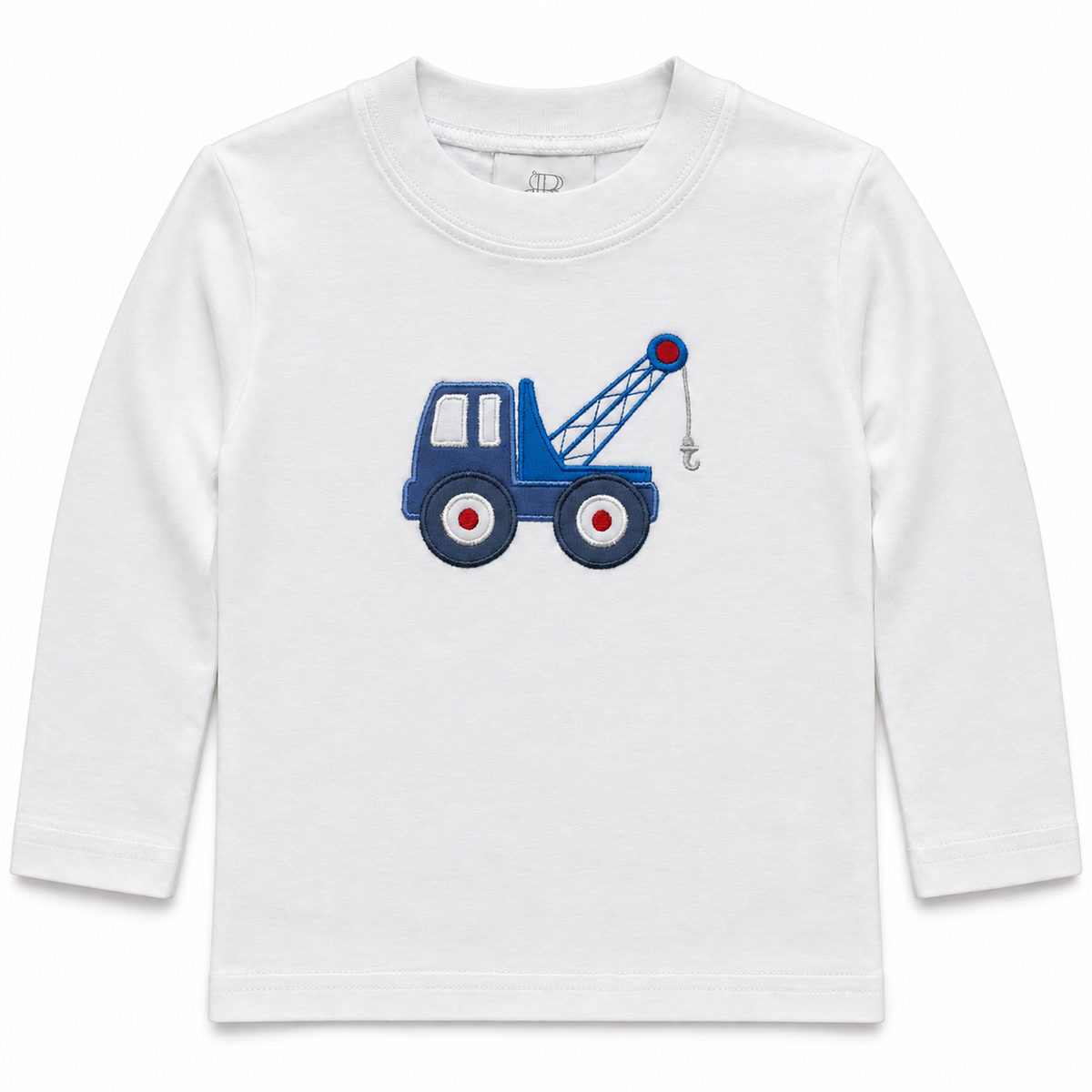 White long sleeve t-shirt with a blue tow truck appliqué on the chest, Tow Truck print