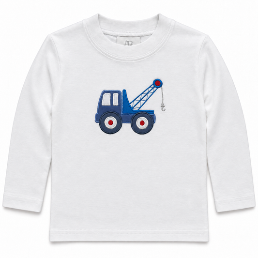 White long sleeve t-shirt with a blue tow truck appliqué on the chest, Tow Truck print
