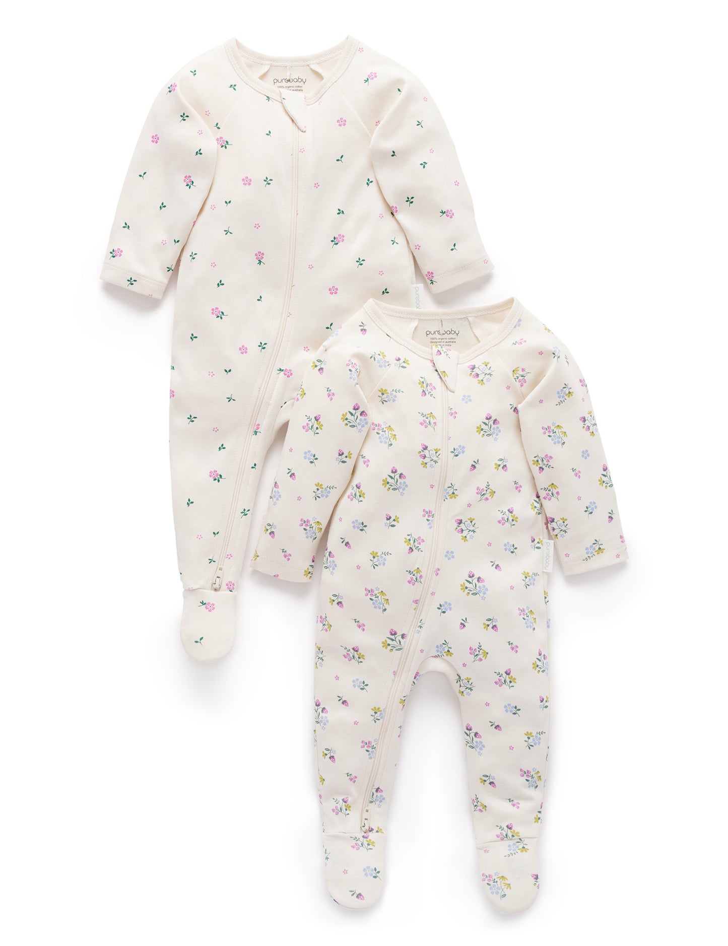 2 Piece Set, Floral Zippered Footies