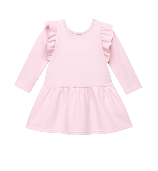 Pink Long Sleeve Ruffle Shoulder Dress