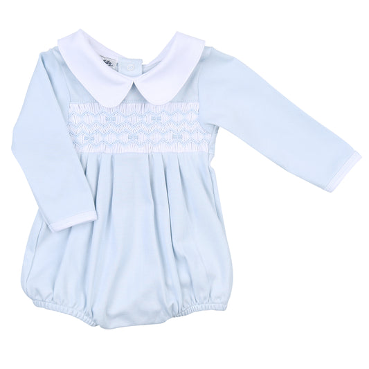 Fiona & Phillip Smocked Collared Long Sleeve Blue Bubble with White