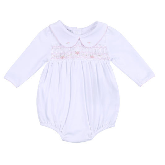 Alice & Andrew Smocked Collared Long Sleeve White Bubble with Pink