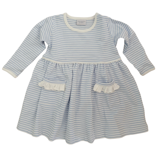 Long Sleeve Blue Stripe Dress with White Ruffle Pockets