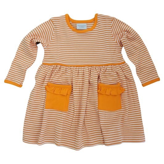 Long Sleeve Orange Stripe Dress with Ruffle Pockets