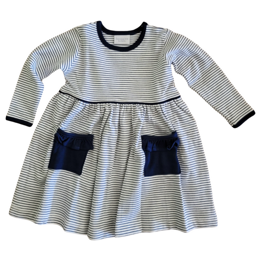 Long Sleeve Navy Stripe Dress with Ruffle Pockets
