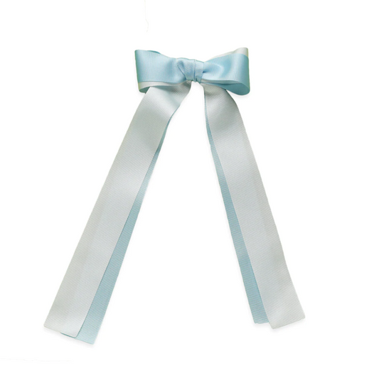 Double Grosgrain Long Tail Hair Bow, Light Blue and White