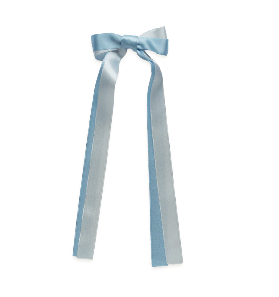 Double Satin Long Tail Hair Bow, Light Blue and White