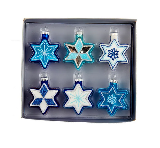 Ornament, Set of 6 Glass Jewish Stars with Glitter