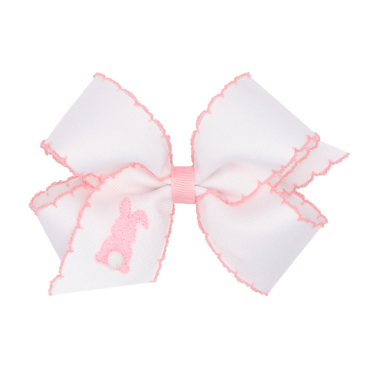 Medium Embroidered Easter Bunny Hair Bow, White with Pink