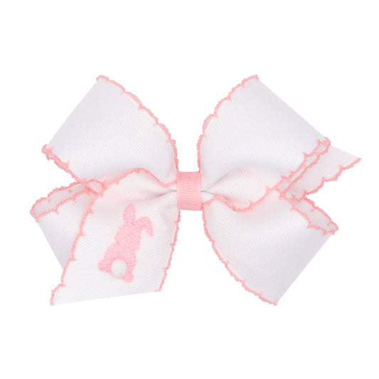 Medium Embroidered Easter Bunny Hair Bow, White with Pink