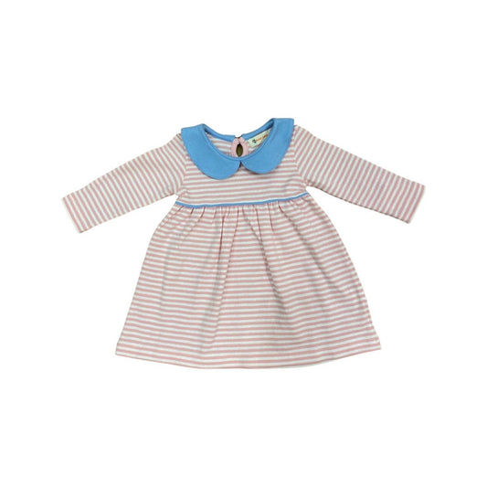 Long Sleeve Collared Play Dress, Pink Stripe with Blue Trim